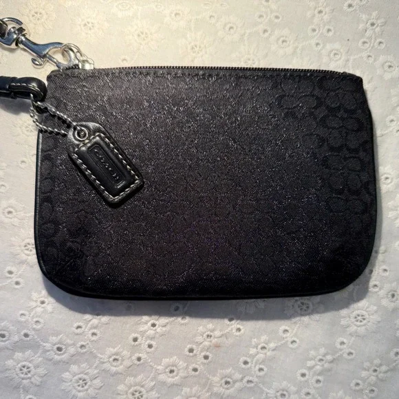 Coach Black Signature Jacquard Shimmer Wristlet Silver Hardware Leather Trim - Picture 6 of 8
